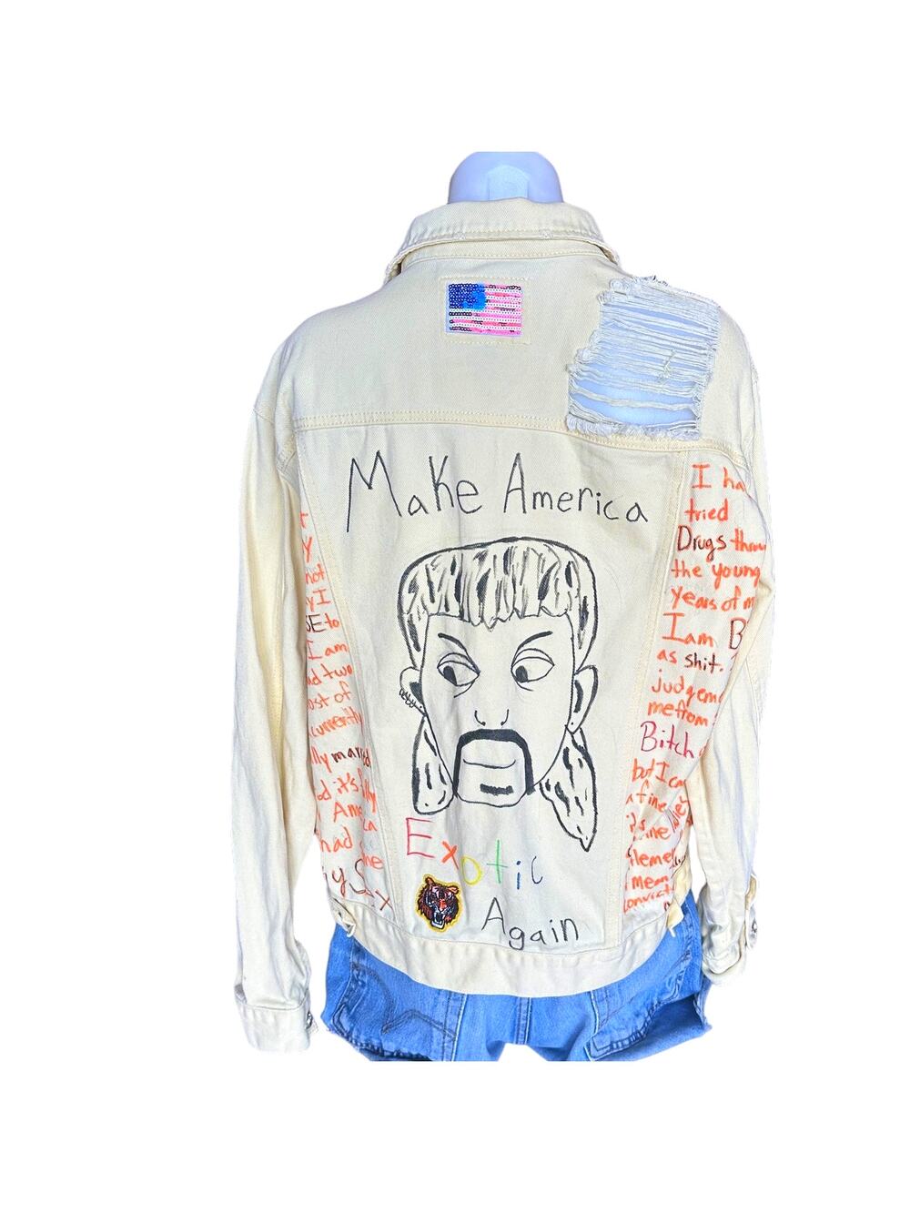 Tiger King Jean Jacket LARGE Trucker Upcycled Joe Exotic Quotes Tigers Ironic